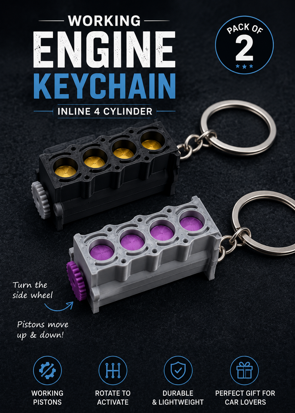 Layers Monk | Working Inline 4 Cylinder Engine Keychain | 3D Printed